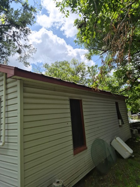Side of a home with overhanging tree limbs near the roof